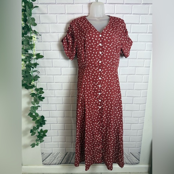 SHEIN Casual Red Puff Sleeve V-Neck Midi Sundress/size L - Picture 6 of 11